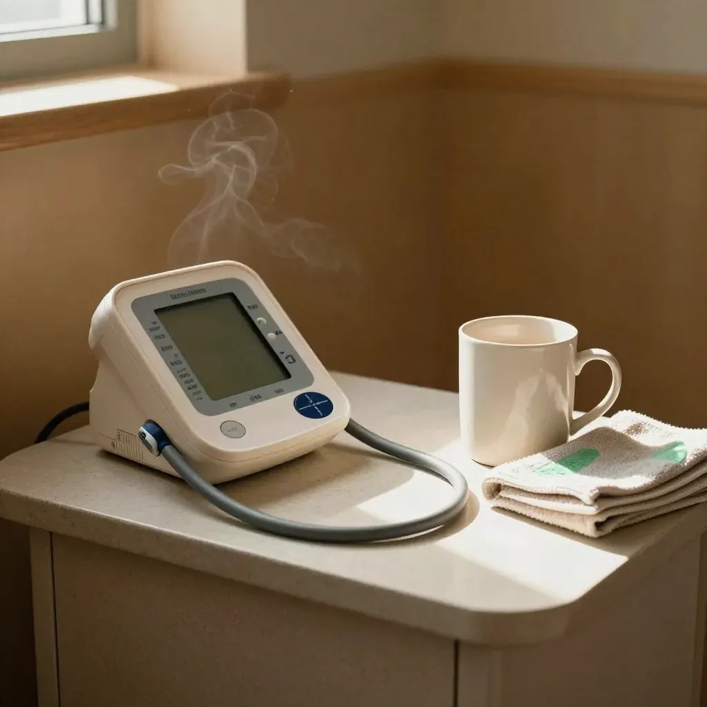 Blood-pressure cuff and monitor beside a mug and towel in a warm clinic corner.