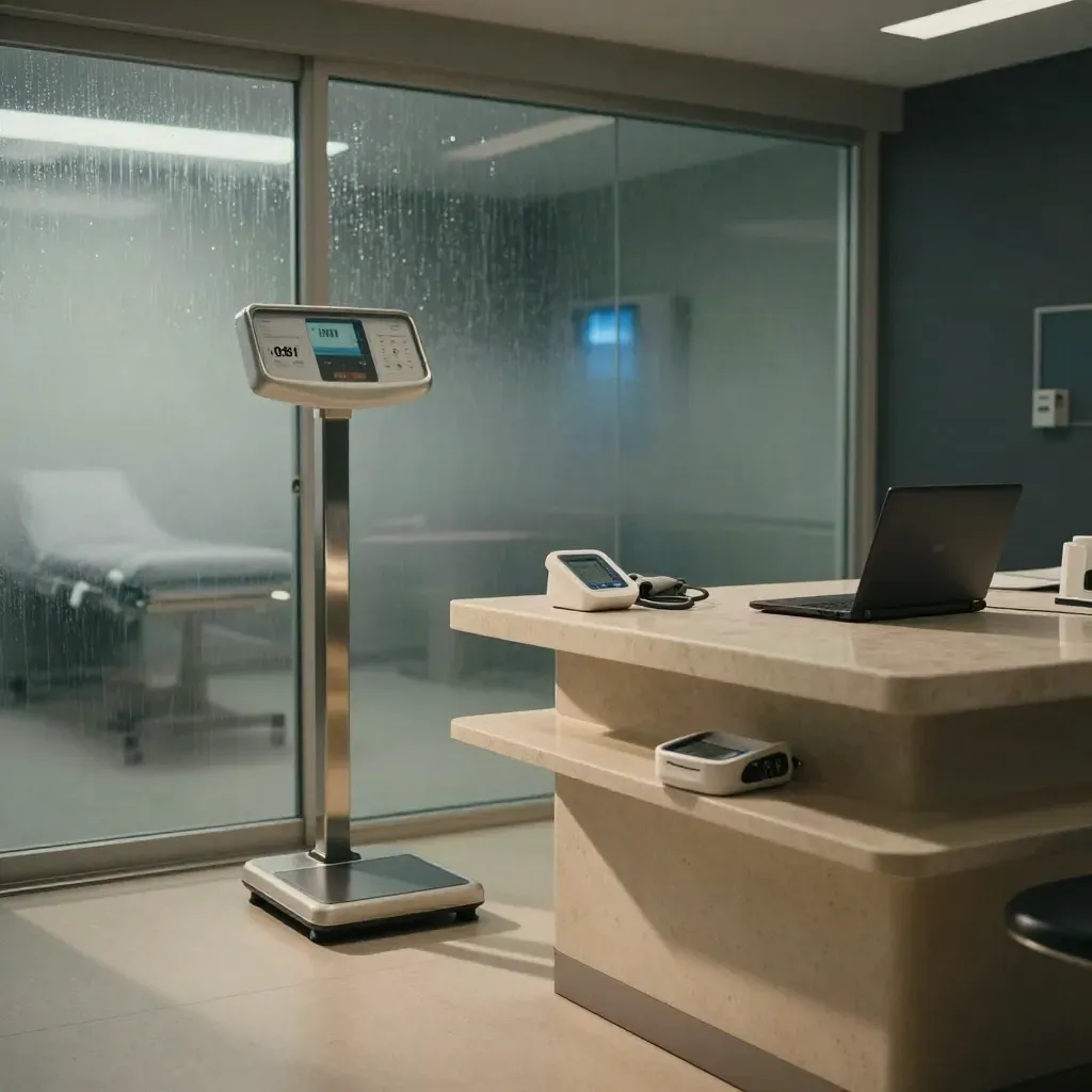 Empty screening bay with health checks equipment by a rain-fogged glass wall