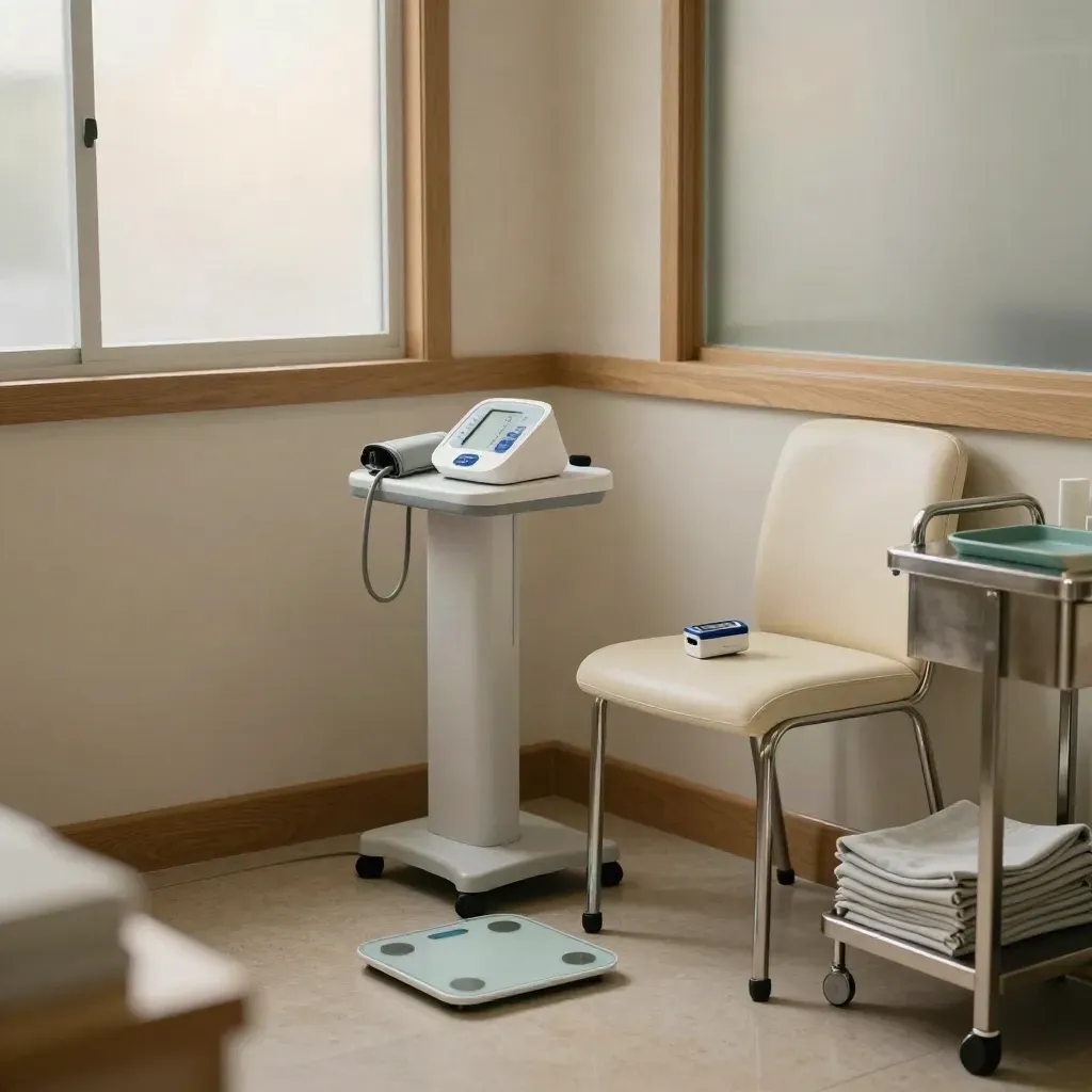 Clinic corner with BP monitor, BMI scale, pulse oximeter, chair and folded linen.