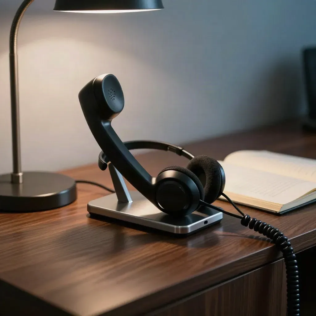 Triaged call station with handset, headset, lamp and notebook on a dark walnut console.