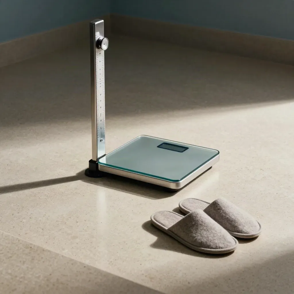 BMI scale, stadiometer and neutral slippers on a travertine clinic floor, low-angle studio light.