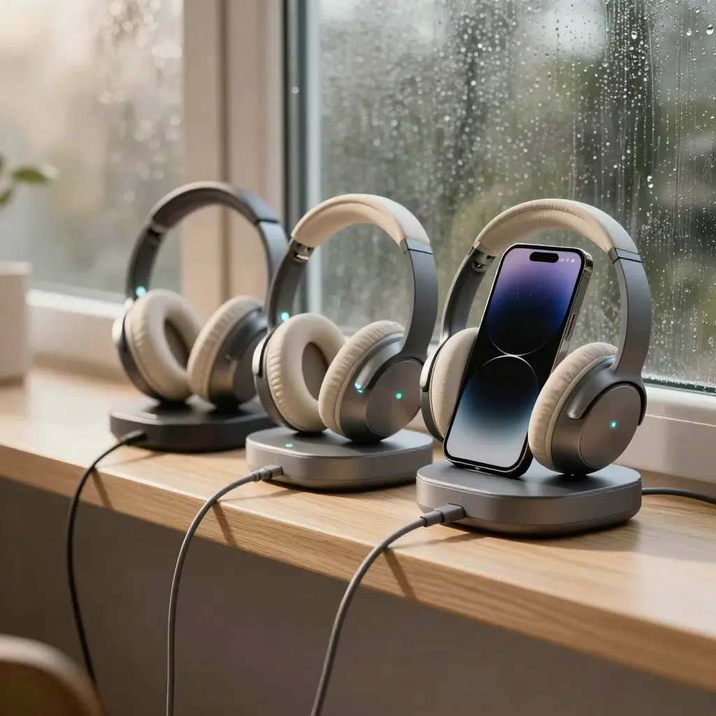 Three telehealth headsets and a face-down phone charging on a shelf by a rain-streaked window.
