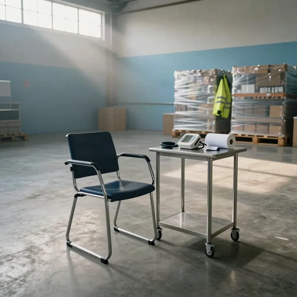 Empty Leeds warehouse screening bay with chair, monitor, hi-vis jackets and pallet stacks in mist.