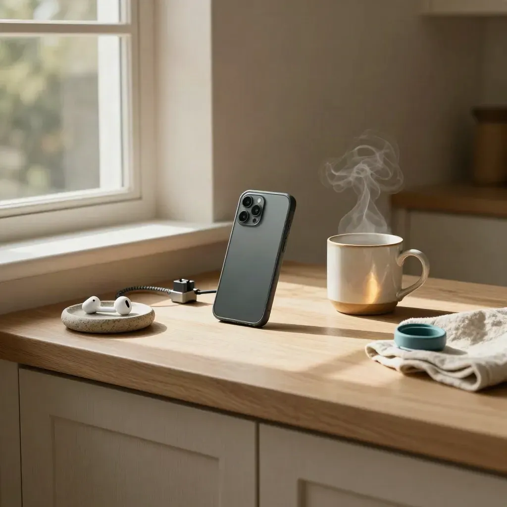 Face-down phone, earbuds, charger and steaming mug on a sunny home counter.