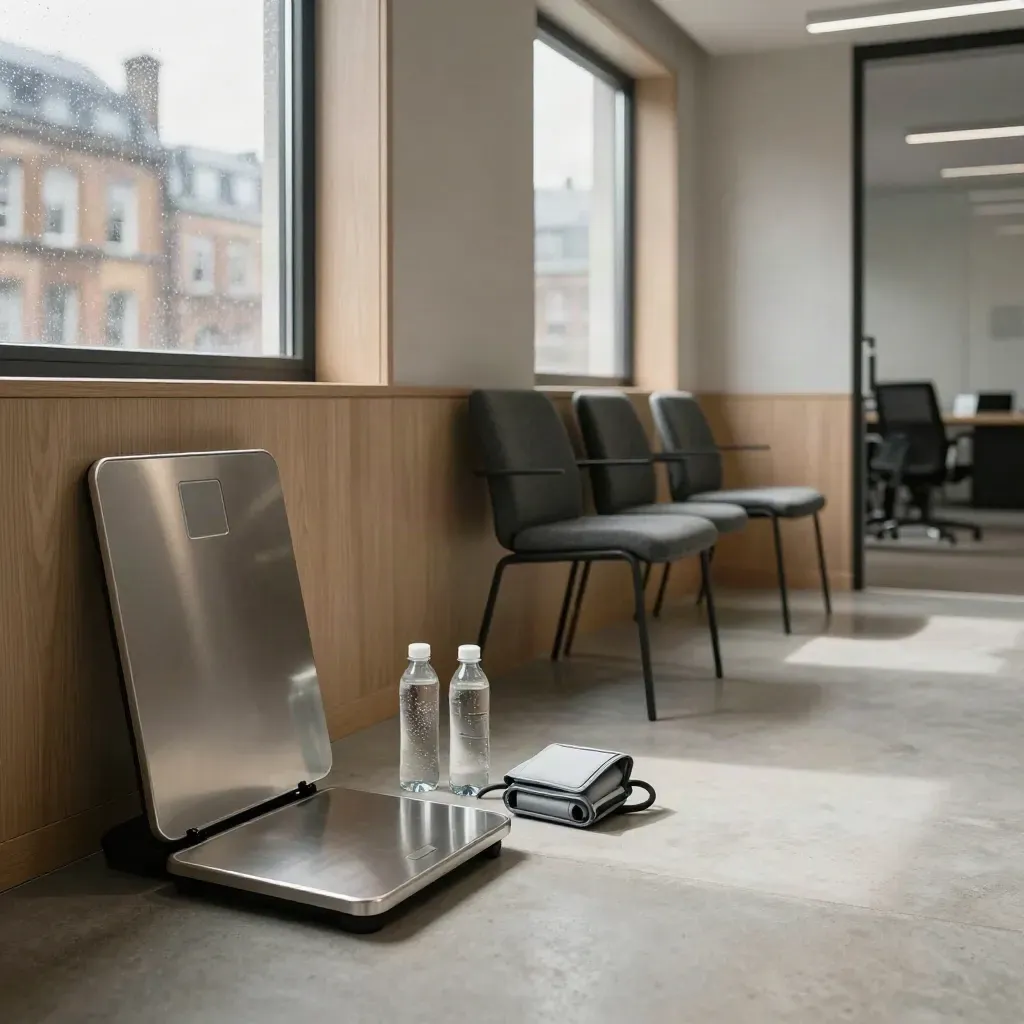 Empty London office wellbeing corner with screening kit, chairs and soft window light.