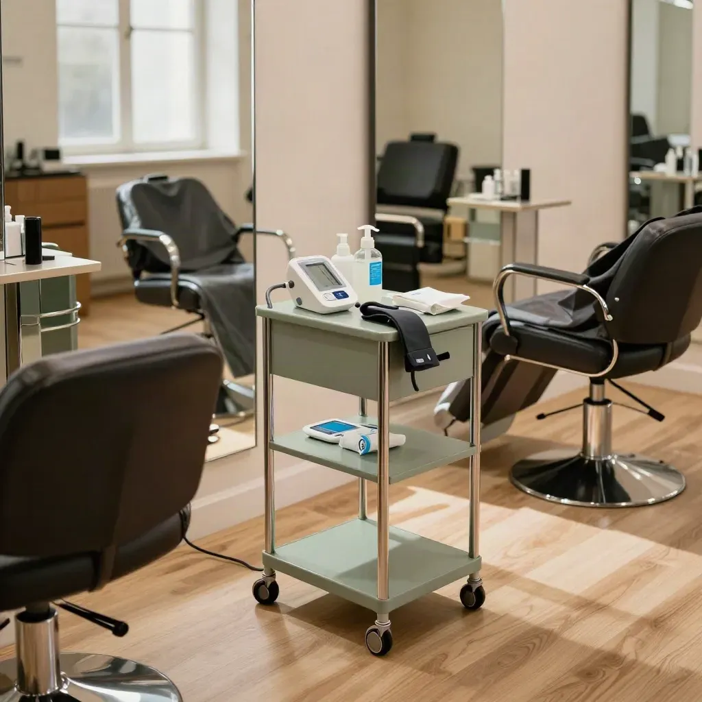 Empty Bristol salon with health-check trolley and folded capes in warm window light