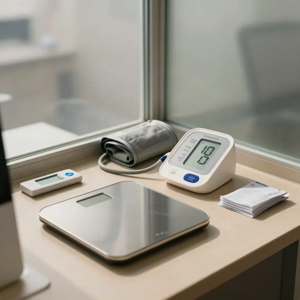 Portable health screening setup with monitor, scale, and cases beside frosted glass.