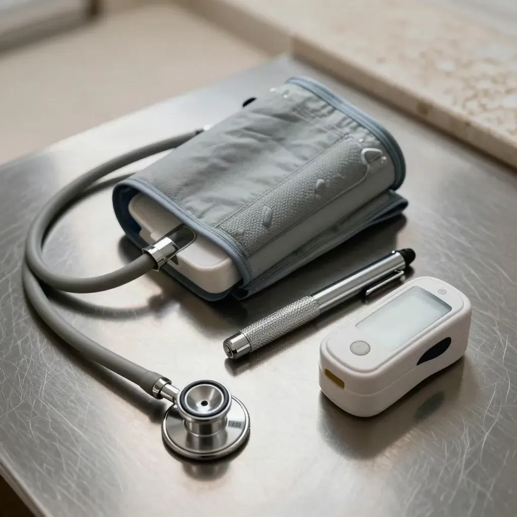 Macro clinical toolkit on brushed steel: blood-pressure monitor, stethoscope, penlight and pulse oximeter.