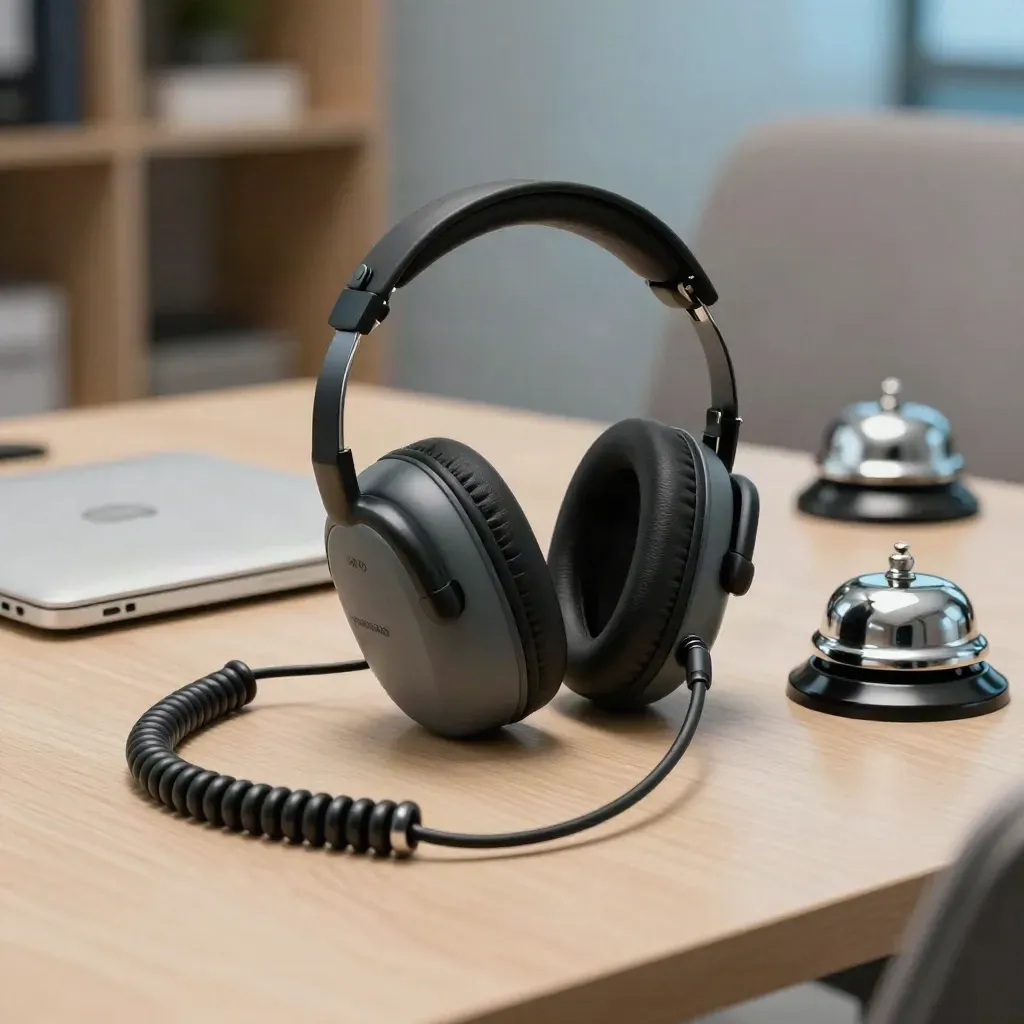 Remote triage headset, closed laptop, cradle and bell on pale oak under dramatic studio light.