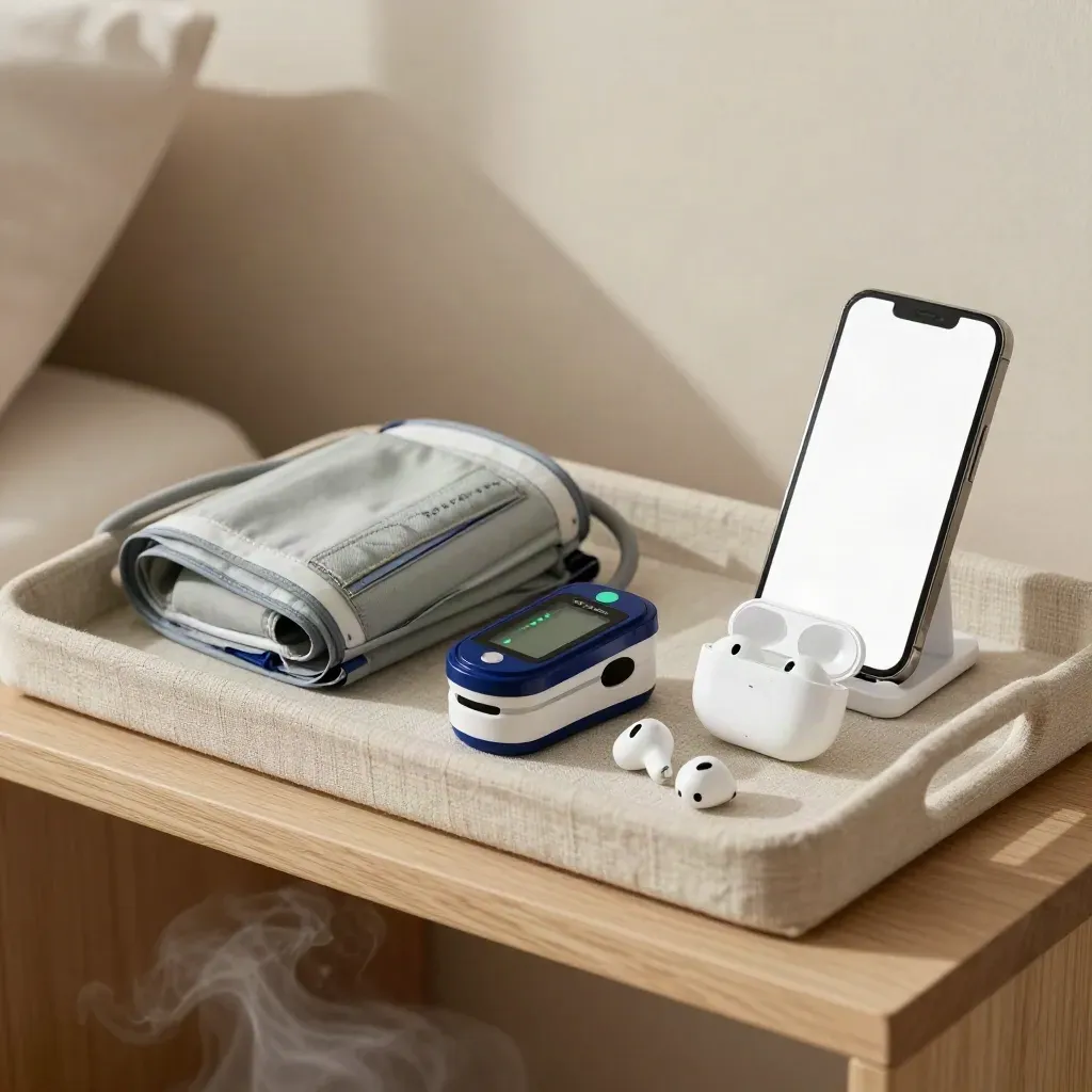 Remote care health kit on a linen tray: cuff, pulse oximeter, earbuds and phone stand