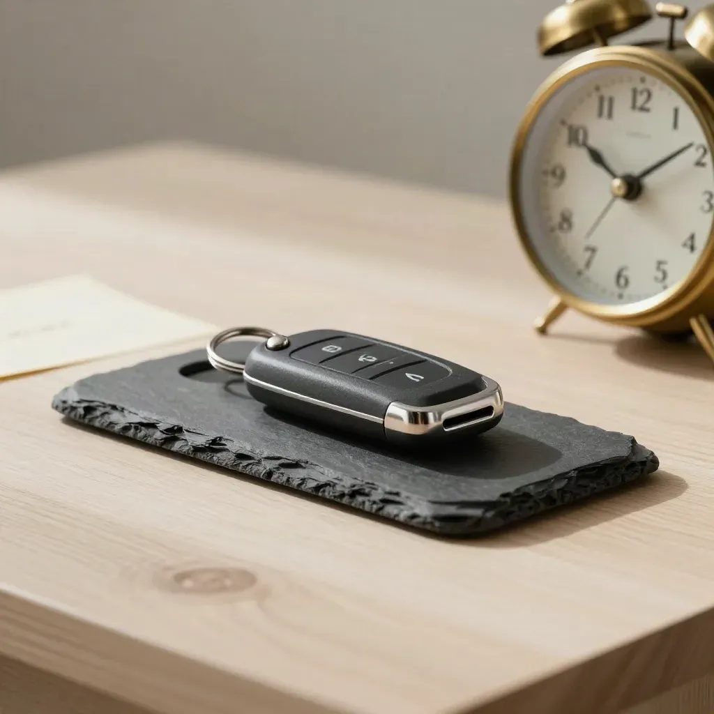 Slate phone dock, car key and brass clock on pale wood, softly lit to suggest a same-day clinic slot.