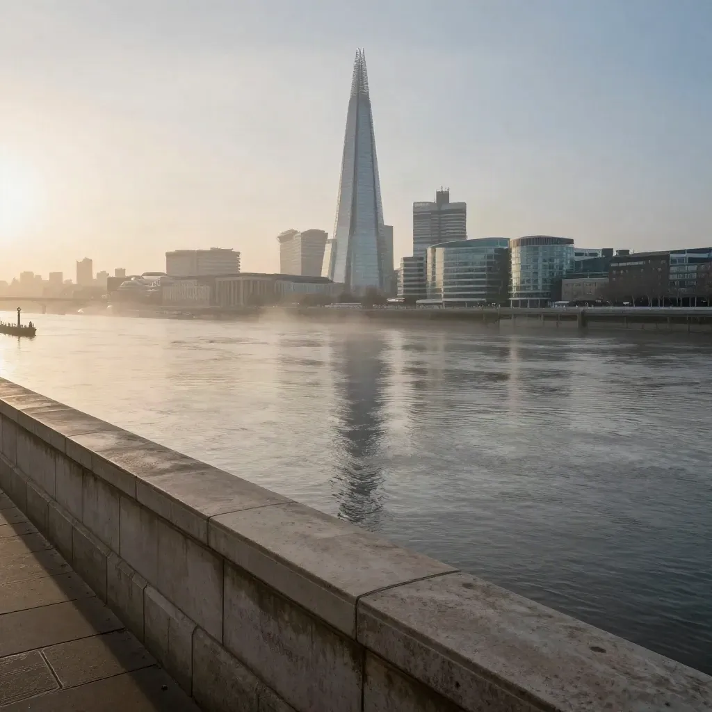 The Thames and London skyline at dusk with The Shard high above calm hazy water.