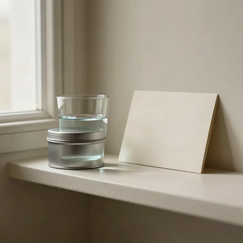 Pill tin, glass of water, and card sleeve on a pale shelf in soft clinic light.