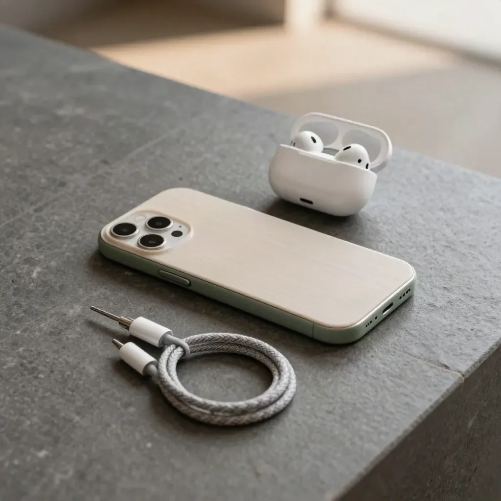 Overhead follow-up remote review set with smartphone cradle, earbuds case and charging cable