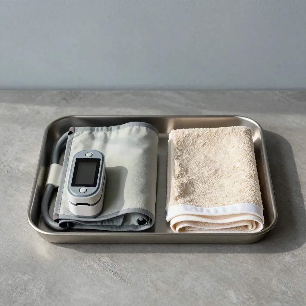 Flat lay of health screening tools in a metal tray with folded towel