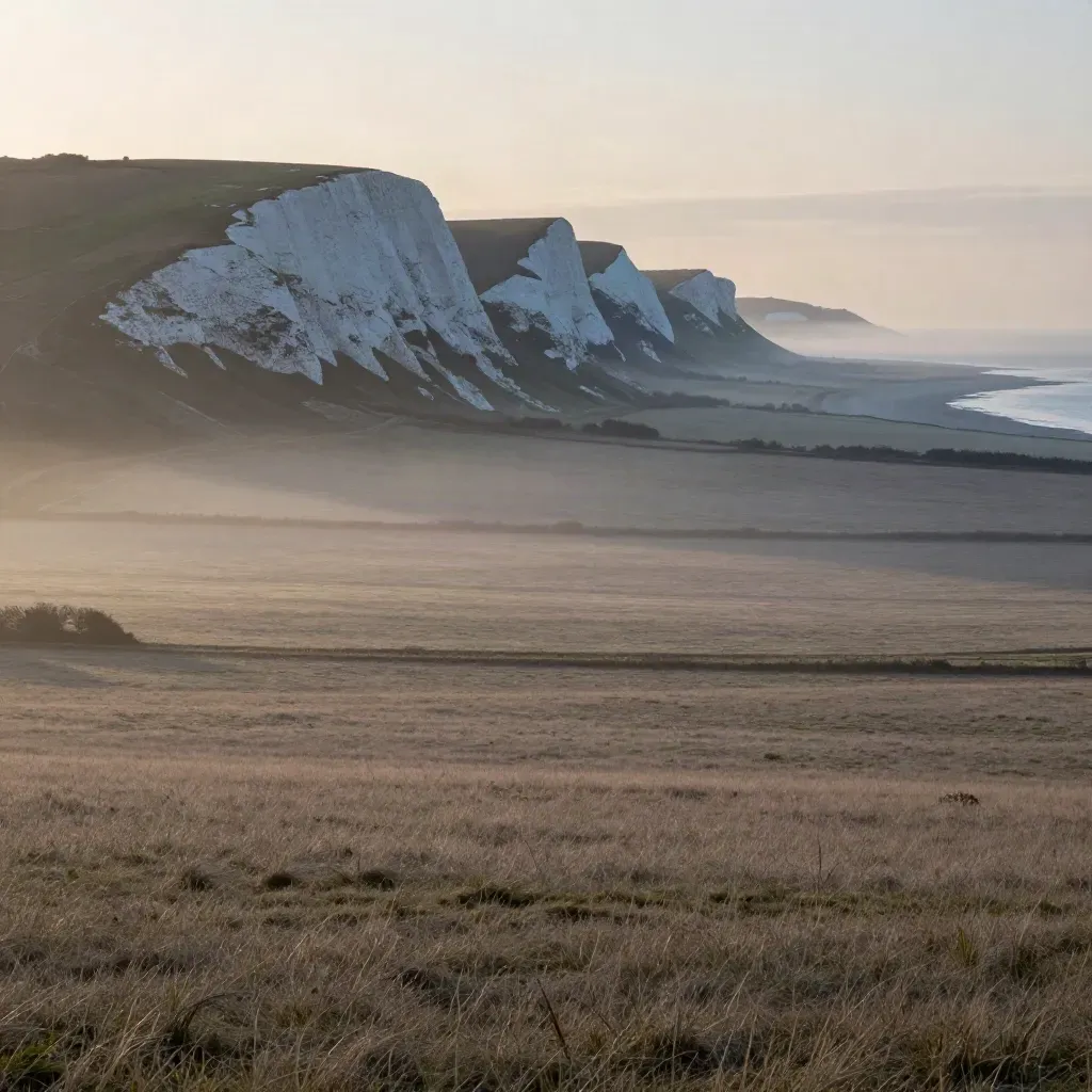 South Downs at dawn with chalk ridges, sea mist, and a calm open foreground for copy.