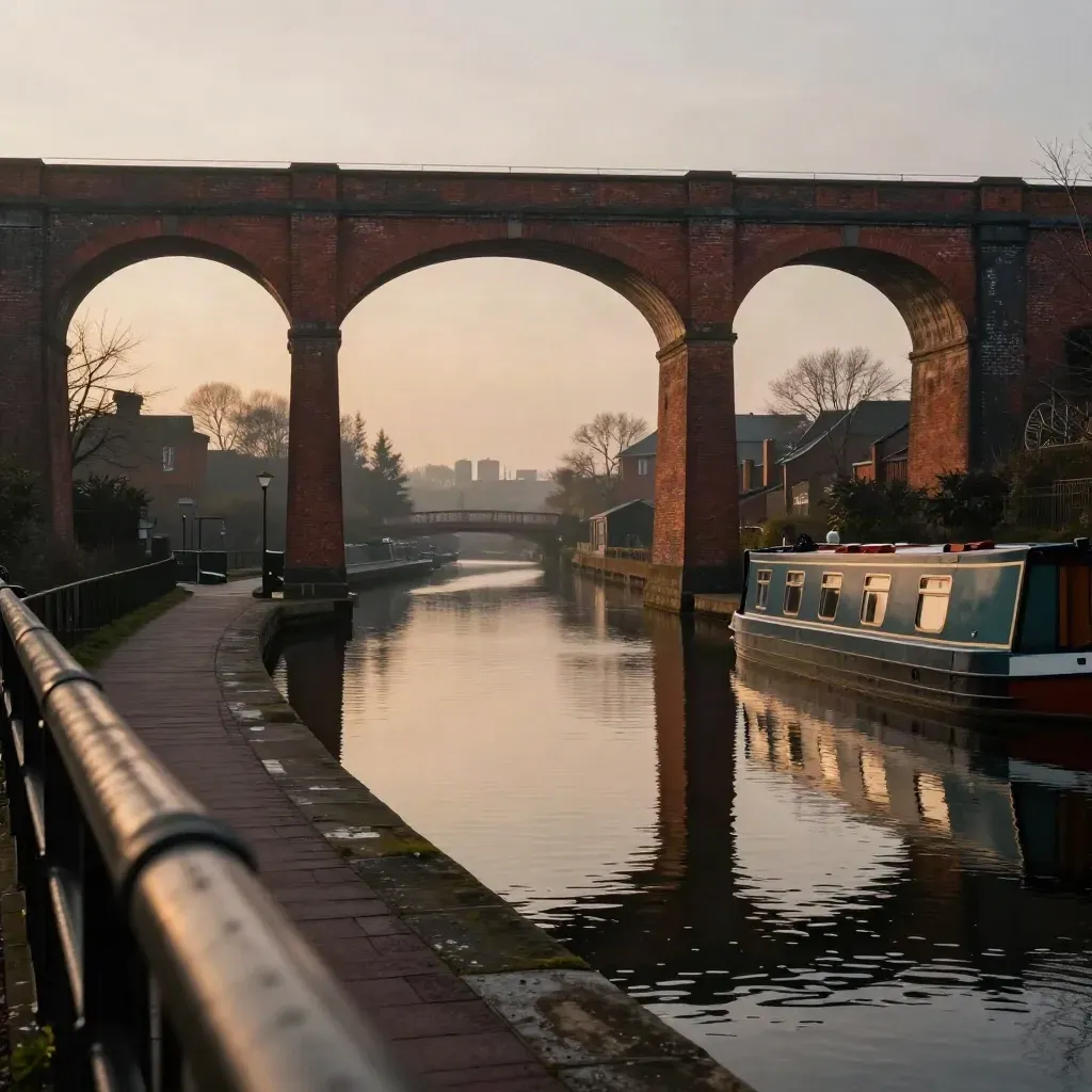Birmingham canals with red-brick viaducts glowing at amber dusk over calm water