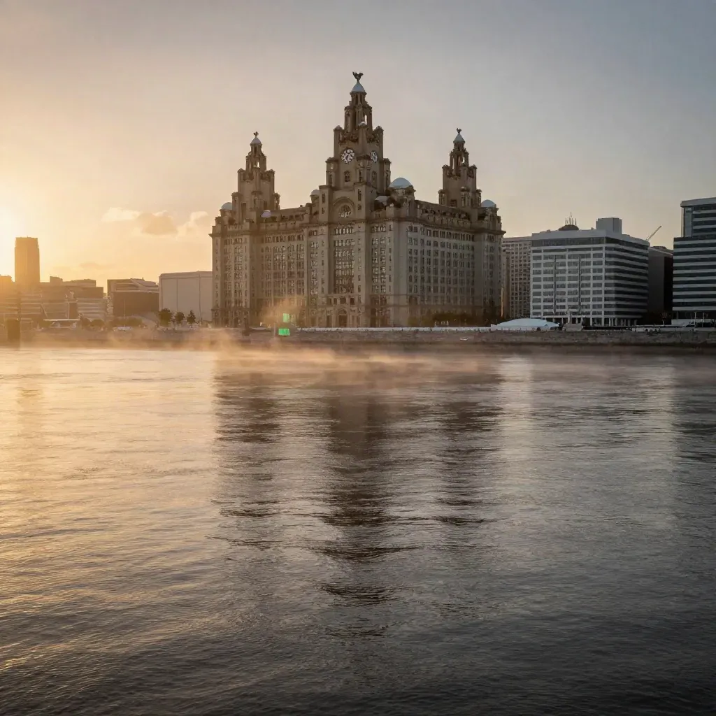 Liverpool waterfront at golden hour with the Three Graces above glowing Mersey water.